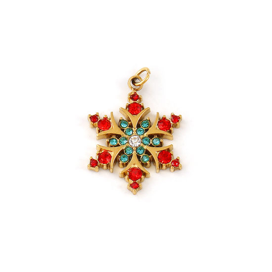 Изображение 1 ШТ Экологичное вакуумное PVD-покрытие 304 Нержавеющая Сталь Подвески 18K настоящее золото с покрытием Рождественские снежинка Красный Искусственный Циркон 21мм x 14.5мм