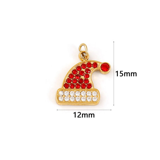 Изображение 1 ШТ Экологичное вакуумное PVD-покрытие 304 Нержавеющая Сталь Подвески 18K настоящее золото с покрытием Рождество шляпы Красный Искусственный Циркон 15мм x 12мм