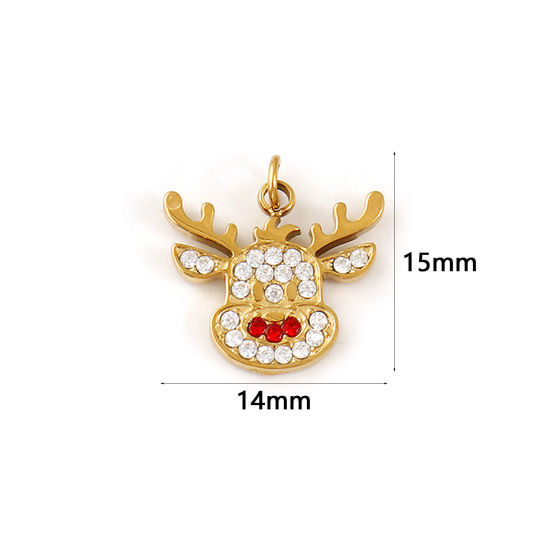 Изображение 1 ШТ Экологичное вакуумное PVD-покрытие 304 Нержавеющая Сталь Подвески 18K настоящее золото с покрытием Рождественский северный олень Красный Искусственный Циркон 15мм x 14мм