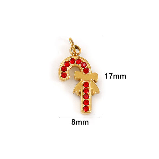 Изображение 1 ШТ Экологичное вакуумное PVD-покрытие 304 Нержавеющая Сталь Подвески 18K настоящее золото с покрытием Костыль Рождество Красный Искусственный Циркон 17мм x 8мм