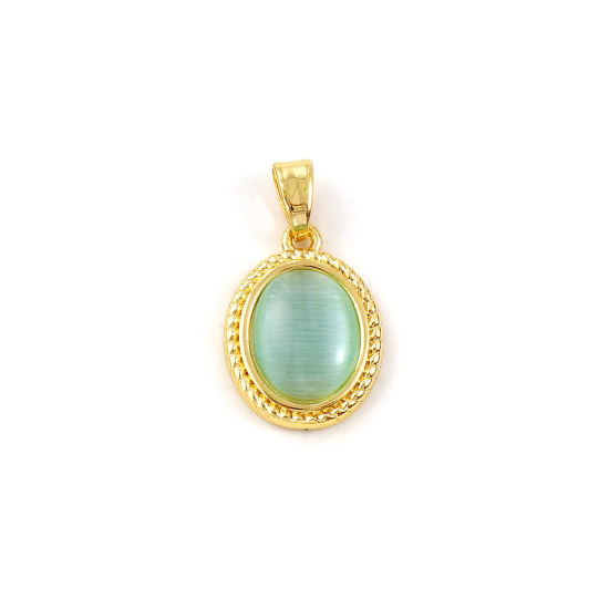Immagine di 2 Pz Ottone & Resina Ciondoli Pendenti Placcato Oro 18K Blu Ovale Imitazione di occhio di gatto 20mm x 12mm