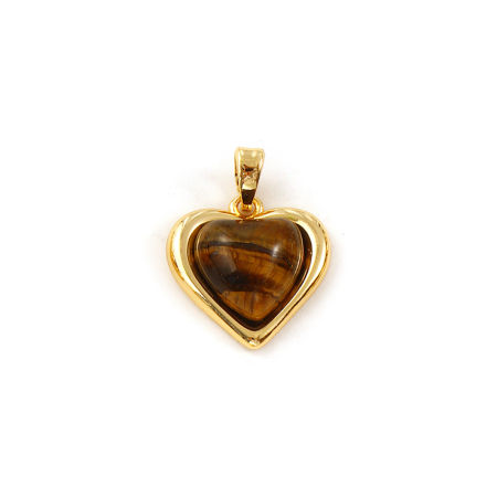 Picture of 1 Piece Brass & Tiger's Eyes Valentine's Day Charm Pendant 18K Gold Plated Brown Heart 20mm x 15mm