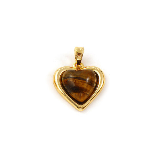 Immagine di 1 Pz Ottone & Pietra di Occhi di Tigre San Valentino Ciondoli Pendenti Placcato Oro 18K Marrone Cuore 20mm x 15mm