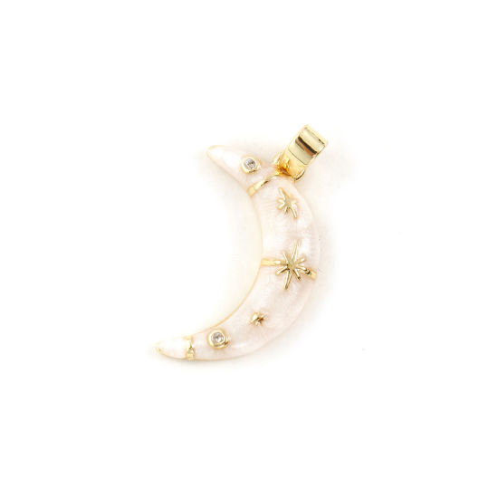 Изображение 2 ШТ Экологичный Латунь галактика Подвески 18K настоящее золото с покрытием Оff-Белый С Эмалью Луна половина Звезда Перлитный Прозрачный Искусственный Циркон 24мм x 12мм