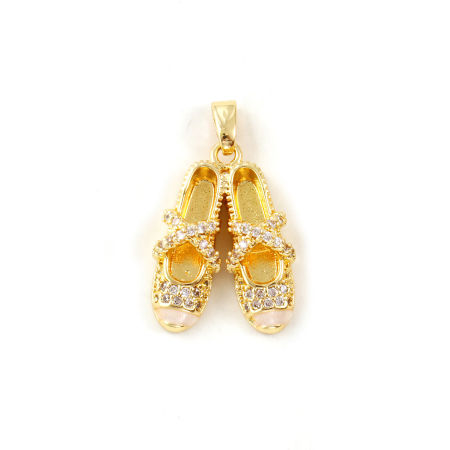 Picture of Eco-friendly Brass Clothes Charm Pendant 18K Real Gold Plated Enamel Ballet Shoes Pearlized Clear Cubic Zirconia 25mm x 15mm