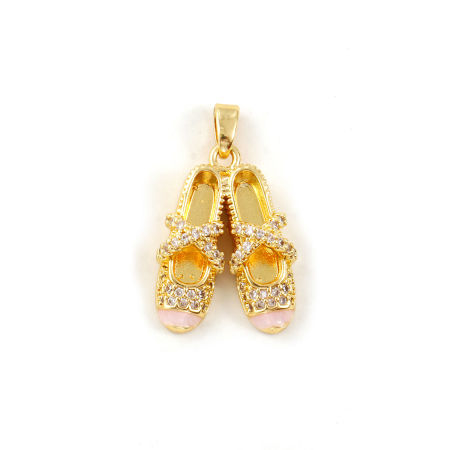 Picture of Eco-friendly Brass Clothes Charm Pendant 18K Real Gold Plated Enamel Ballet Shoes Pearlized Clear Cubic Zirconia 25mm x 15mm