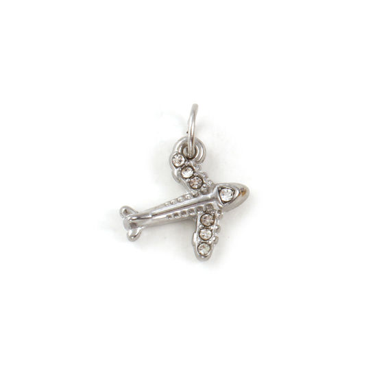 Picture of 1 Piece Eco-friendly 304 Stainless Steel Travel Charms Silver Tone Airplane 3D Clear Rhinestone 18mm x 14mm