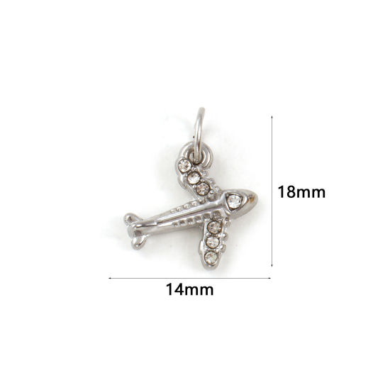 Picture of 1 Piece Eco-friendly 304 Stainless Steel Travel Charms Silver Tone Airplane 3D Clear Rhinestone 18mm x 14mm