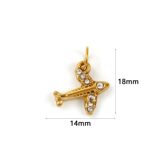 Picture of 1 Piece Eco-friendly PVD Vacuum Plating 304 Stainless Steel Travel Charms 18K Real Gold Plated Airplane 3D Clear Rhinestone 18mm x 14mm