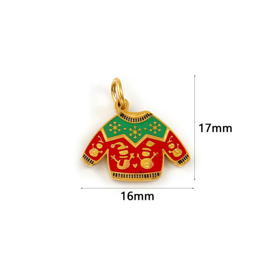 Bild von 1 Stück Umweltfreundliche PVD-Vakuumbeschichtung 304 Edelstahl Charms 18K Echtgold plattiert Rot Emaille Kleidung Weihnachten Schneemann 17mm x 16mm