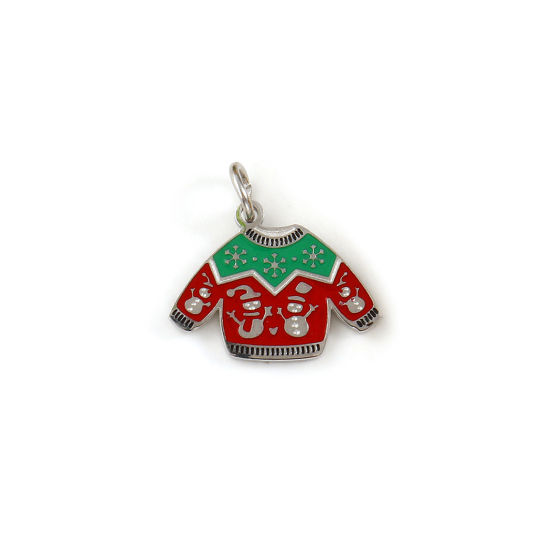 Bild von 1 Stück Umweltfreundlich 304 Edelstahl Charms Silberfarbe Rot Emaille Kleidung Weihnachten Schneemann 17mm x 16mm