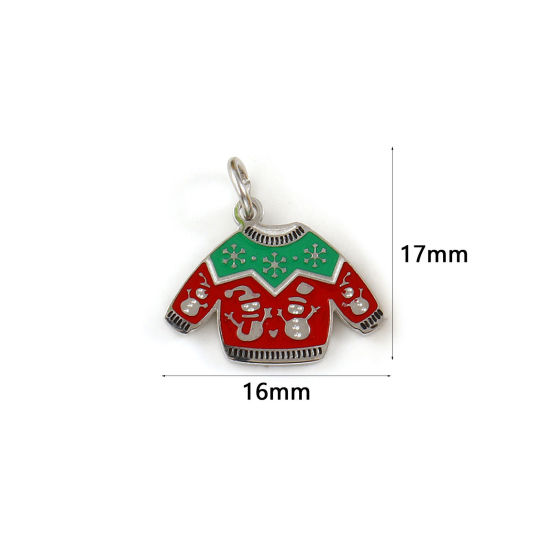 Bild von 1 Stück Umweltfreundlich 304 Edelstahl Charms Silberfarbe Rot Emaille Kleidung Weihnachten Schneemann 17mm x 16mm