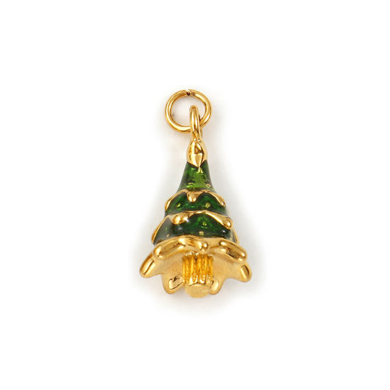 Bild von 1 Stück Umweltfreundliche PVD-Vakuumbeschichtung 304 Edelstahl Charms 18K Echtgold plattiert Grün Emaille Weihnachten Weihnachtsbaum 3D 24mm x 12mm