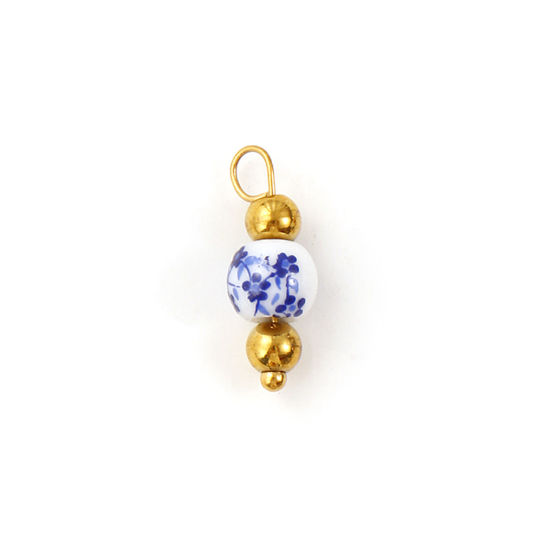 Bild von 2 Stück Umweltfreundlich 304 Edelstahl & Keramik Charms 18K Vergoldet Marineblau & Weiß Rund Blumenmuster 17mm x 6mm