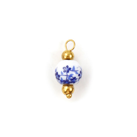 Bild von 2 Stück Umweltfreundlich 304 Edelstahl & Keramik Charms 18K Vergoldet Marineblau & Weiß Rund Blumenmuster 18mm x 8mm