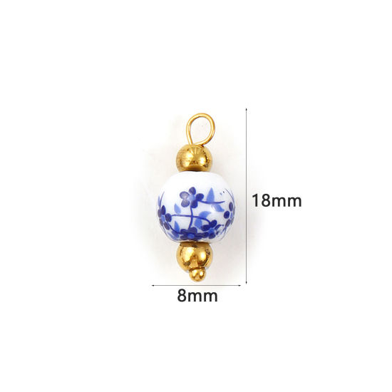 Bild von 2 Stück Umweltfreundlich 304 Edelstahl & Keramik Charms 18K Vergoldet Marineblau & Weiß Rund Blumenmuster 18mm x 8mm