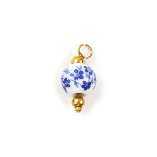 Bild von 2 Stück Umweltfreundlich 304 Edelstahl & Keramik Charms 18K Vergoldet Marineblau & Weiß Rund Blumenmuster 20mm x 10mm