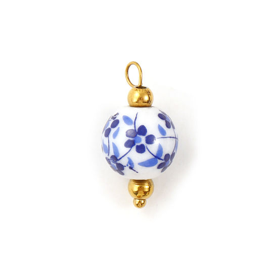 Bild von 2 Stück Umweltfreundlich 304 Edelstahl & Keramik Charms 18K Vergoldet Marineblau & Weiß Rund Blumenmuster 22mm x 12mm