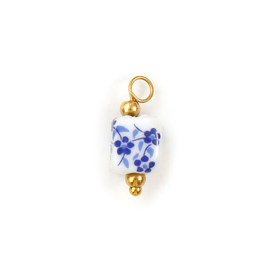 Bild von 2 Stück Umweltfreundlich 304 Edelstahl & Keramik Charms 18K Vergoldet Marineblau & Weiß Würfel Blumenmuster 17mm x 7mm