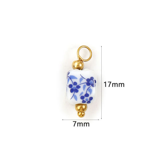 Bild von 2 Stück Umweltfreundlich 304 Edelstahl & Keramik Charms 18K Vergoldet Marineblau & Weiß Würfel Blumenmuster 17mm x 7mm