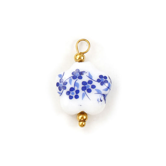 Bild von 2 Stück Umweltfreundlich 304 Edelstahl & Keramik Charms 18K Vergoldet Marineblau & Weiß Blumenmuster 23mm x 15mm