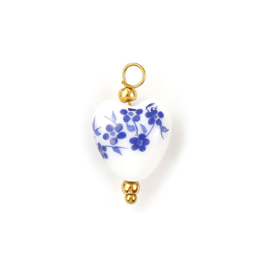 Bild von 2 Stück Umweltfreundlich 304 Edelstahl & Keramik Charms 18K Vergoldet Marineblau & Weiß Herz Blumenmuster 22mm x 12mm