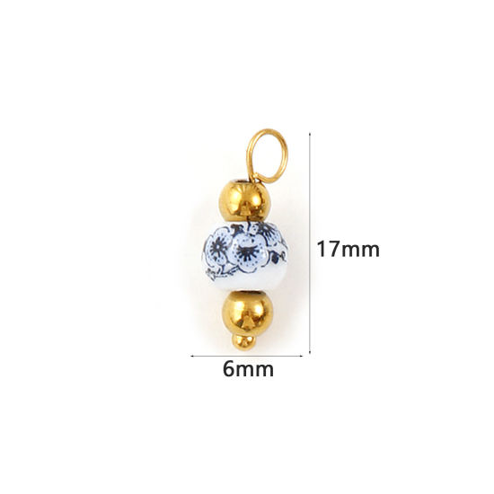 Immagine di 2 Pz Ecologico 304 Acciaio Inossidabile & Ceramica Ciondoli Placcato Oro 18K Bianco & Blu Scuro Tondo Fiore di Susina 17mm x 6mm