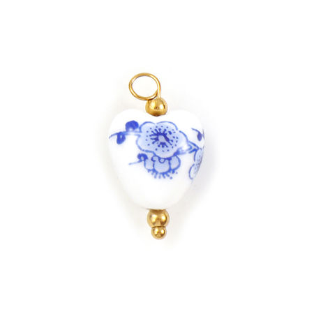 Picture of 2 PCs Eco-friendly 304 Stainless Steel & Ceramic Charms 18K Gold Plated White & Light Blue Heart Plum Flower 22mm x 12mm