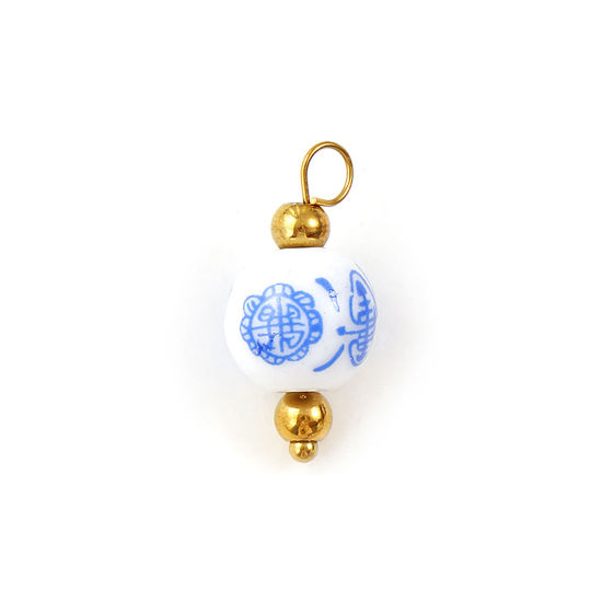 Immagine di 2 Pz Ecologico 304 Acciaio Inossidabile & Ceramica Ciondoli Placcato Oro 18K Bianco & Blu Pallido Tondo Lettere 21mm x 10mm