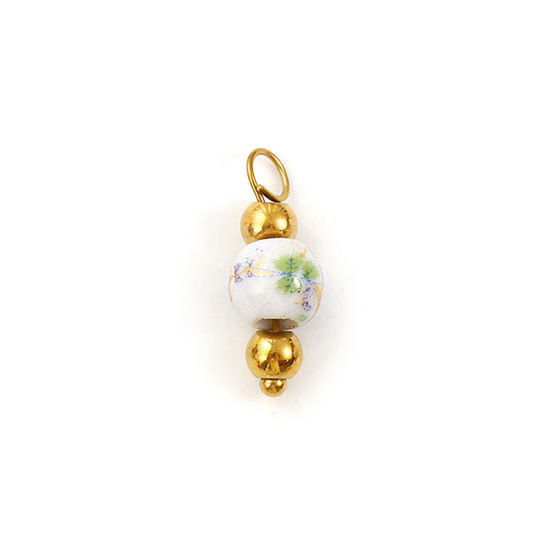 Immagine di 2 Pz Ecologico 304 Acciaio Inossidabile & Ceramica Ciondoli Placcato Oro 18K Multicolore Tondo Orchidea 17mm x 6mm