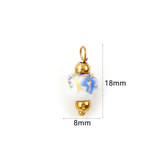 Immagine di 2 Pz Ecologico 304 Acciaio Inossidabile & Ceramica Ciondoli Placcato Oro 18K Multicolore Tondo Orchidea 18mm x 8mm