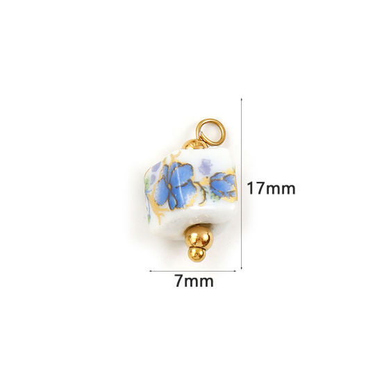 Immagine di 2 Pz Ecologico 304 Acciaio Inossidabile & Ceramica Ciondoli Placcato Oro 18K Multicolore Cubo Orchidea 17mm x 7mm