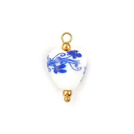 Picture of 2 PCs Eco-friendly 304 Stainless Steel & Ceramic Charms 18K Gold Plated Navy Blue & White Heart Orchid Flower 21mm x 12mm