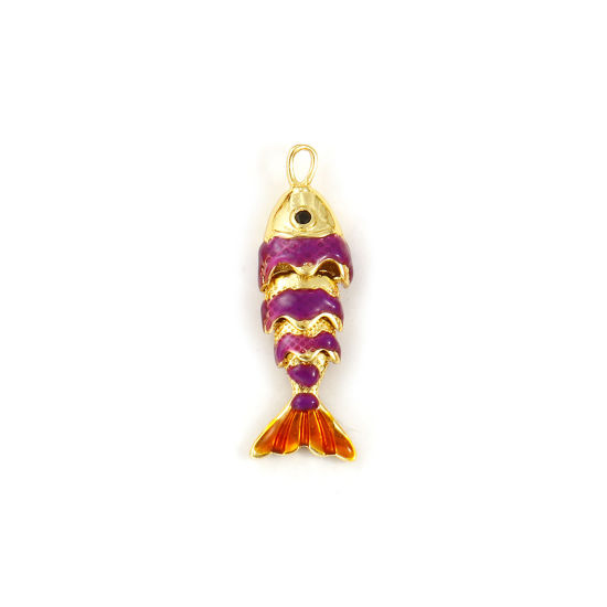 Immagine di 1 Pz Ottone Gioielli Oceanici Ciondoli Placcato Oro 18K Colore Viola Smalto Pesce 3D Mobile Nero Cubic Zirconiae 28mm x 9mm