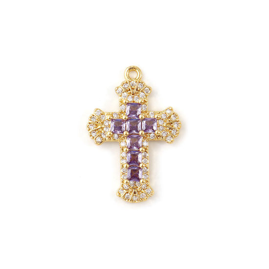 Bild von 1 Stück Messing Religiös Charms 18K Vergoldet Kreuz Micro Pave Lila Kubischer Zirkon 23.5mm x 16mm