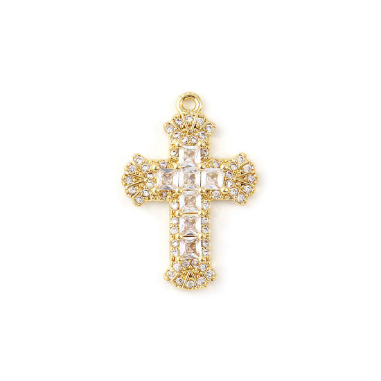 Bild von 1 Stück Messing Religiös Charms 18K Vergoldet Kreuz Micro Pave Klar Kubischer Zirkon 23.5mm x 16mm