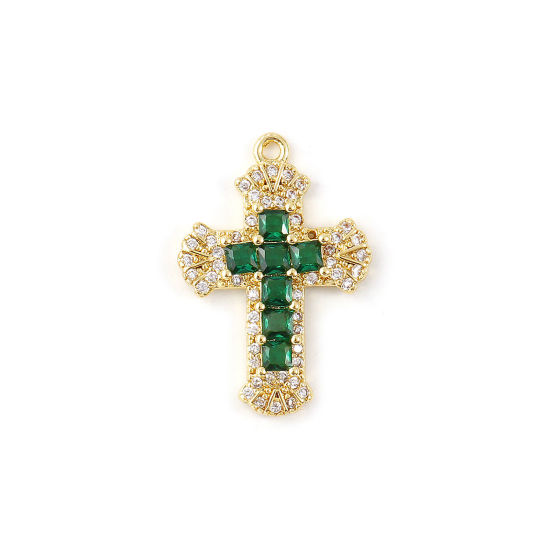 Bild von 1 Stück Messing Religiös Charms 18K Vergoldet Kreuz Micro Pave Dunkelgrün Kubischer Zirkon 23.5mm x 16mm