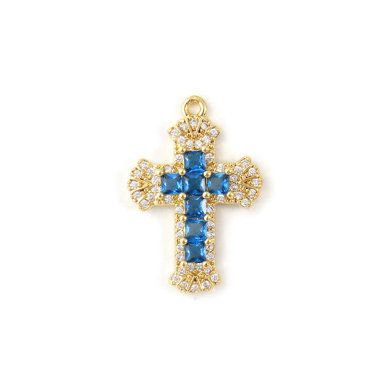 Bild von 1 Stück Messing Religiös Charms 18K Vergoldet Kreuz Micro Pave Pfauenblau Kubischer Zirkon 23.5mm x 16mm