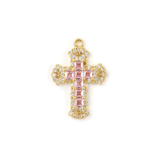 Bild von 1 Stück Messing Religiös Charms 18K Vergoldet Kreuz Micro Pave Rosa Kubischer Zirkon 23.5mm x 16mm
