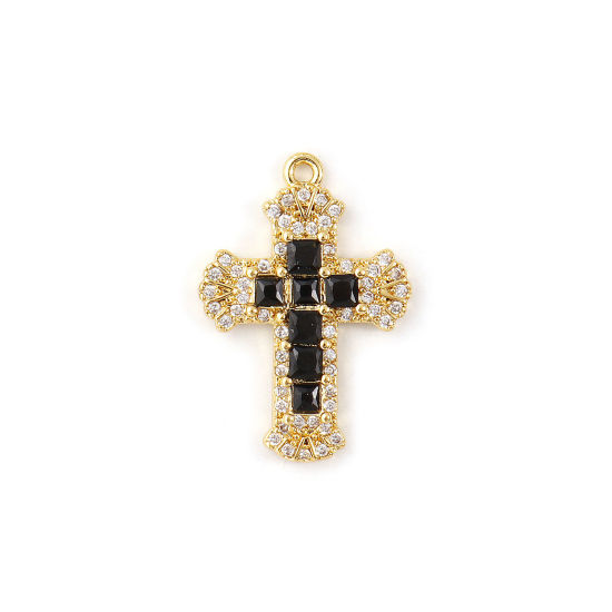 Bild von 1 Stück Messing Religiös Charms 18K Vergoldet Kreuz Micro Pave Schwarz Kubischer Zirkon 23.5mm x 16mm