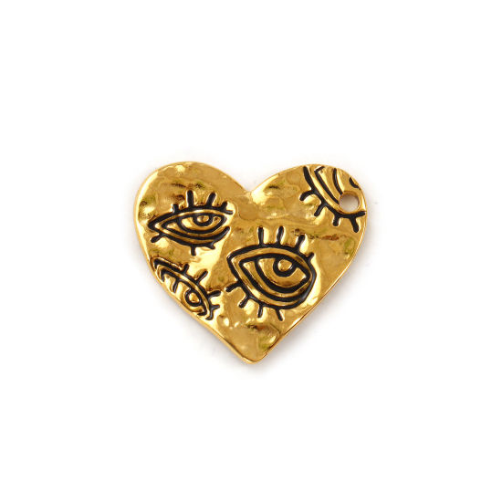 Immagine di 2 Pz Placcatura Sottovuoto PVD Ecologica 304 Acciaio Inossidabile San Valentino Ciondoli 18K Vero Oro Placcato Nero Smalto Cuore Occhi 27mm x 24mm
