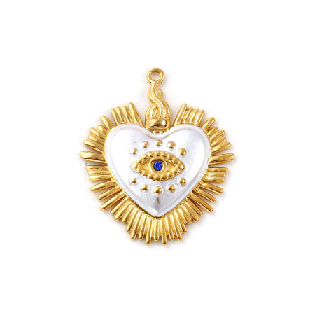 Picture of 2 PCs Eco-friendly PVD Vacuum Plating Waterproof Anti-Tarnish Hypoallergenic 304 Stainless Steel Religious Pendants 18K Real Gold Plated Silvery White Ex Voto Heart Eye of Providence/ All-seeing Eye Painted Royal Blue Cubic Zirconia 3.5cm x 2.9cm