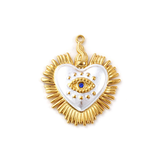 Immagine di 2 Pz Placcatura Sottovuoto PVD Ecologica 304 Acciaio Inossidabile Religione Ciondoli Pendenti 18K Vero Oro Placcato Bianco Argento Ex Voto Cuore Occhio della Provvidenza/ Occhio che Tutto Vede Pittura Blu Marino Cubic Zirconiae 3.5cm x 2.9cm