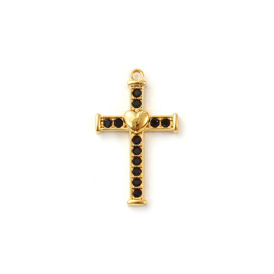 Immagine di 2 Pz Placcatura Sottovuoto PVD Ecologica 304 Acciaio Inossidabile Religione Ciondoli 18K Vero Oro Placcato Croce Cuore Nero Cubic Zirconiae 28mm x 17mm