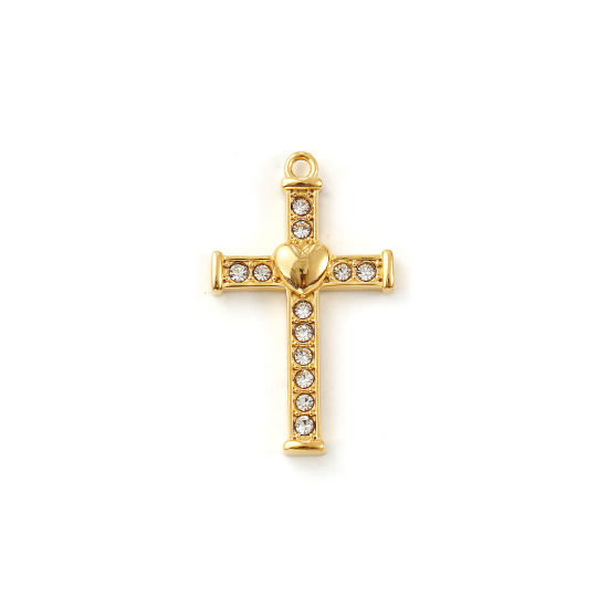 Immagine di 2 Pz Placcatura Sottovuoto PVD Ecologica 304 Acciaio Inossidabile Religione Ciondoli 18K Vero Oro Placcato Croce Cuore Trasparente Cubic Zirconiae 28mm x 17mm
