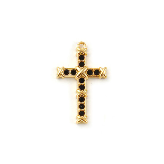 Immagine di 2 Pz Placcatura Sottovuoto PVD Ecologica 304 Acciaio Inossidabile Religione Ciondoli 18K Vero Oro Placcato Croce Nero Cubic Zirconiae 26mm x 16mm