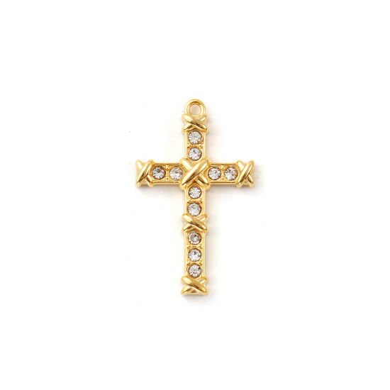 Immagine di 2 Pz Placcatura Sottovuoto PVD Ecologica 304 Acciaio Inossidabile Religione Ciondoli 18K Vero Oro Placcato Croce Trasparente Cubic Zirconiae 26mm x 16mm