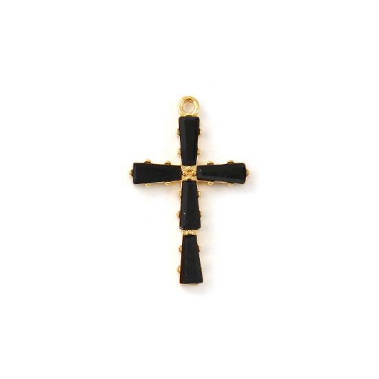 Immagine di 2 Pz Placcatura Sottovuoto PVD Ecologica 304 Acciaio Inossidabile Religione Ciondoli 18K Vero Oro Placcato Croce Nero Cubic Zirconiae 28mm x 18mm