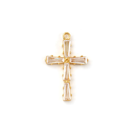 Immagine di 2 Pz Placcatura Sottovuoto PVD Ecologica 304 Acciaio Inossidabile Religione Ciondoli 18K Vero Oro Placcato Croce Trasparente Cubic Zirconiae 28mm x 18mm