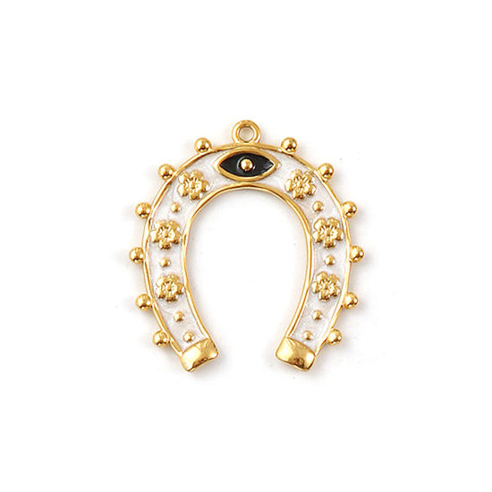 Immagine di 1 Pz Placcatura Sottovuoto PVD Ecologica 304 Acciaio Inossidabile Cowboy dell'Ovest Ciondoli Pendenti 18K Vero Oro Placcato Bianco Smalto Ferro di Cavallo Brillio 3.5cm x 3.2cm